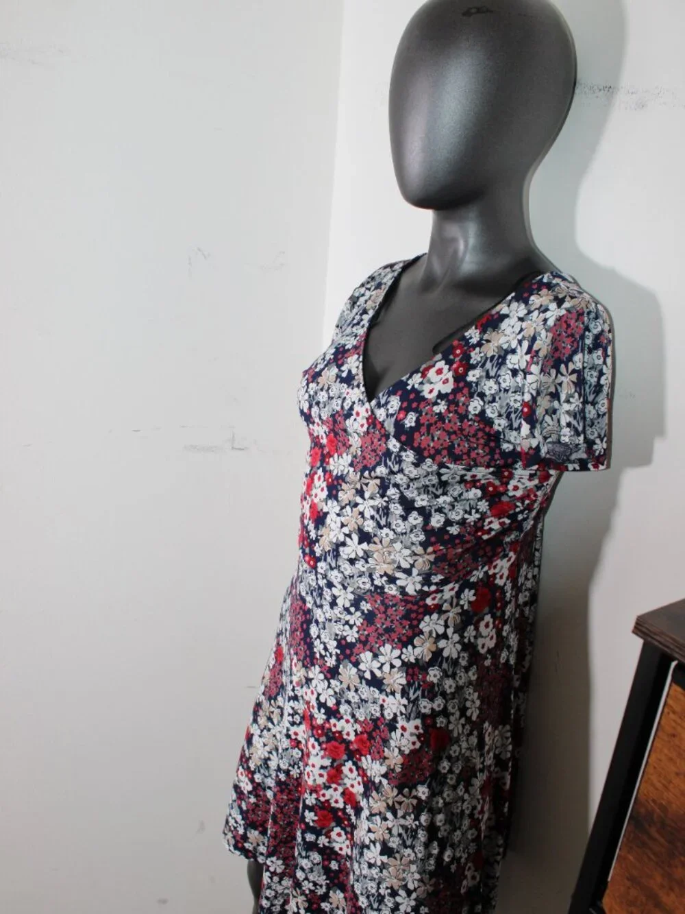 Kaileigh Amandine Floral Faux-Wrap Knit Dress Navy Red Medium